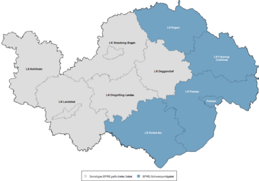 Karte von Niederbayern mit Kennzeichnung der Projektregion mit den Landkreisen Regen, Rottal-Inn, Freyung-Grafenau, Passau und der Stadt Passau.