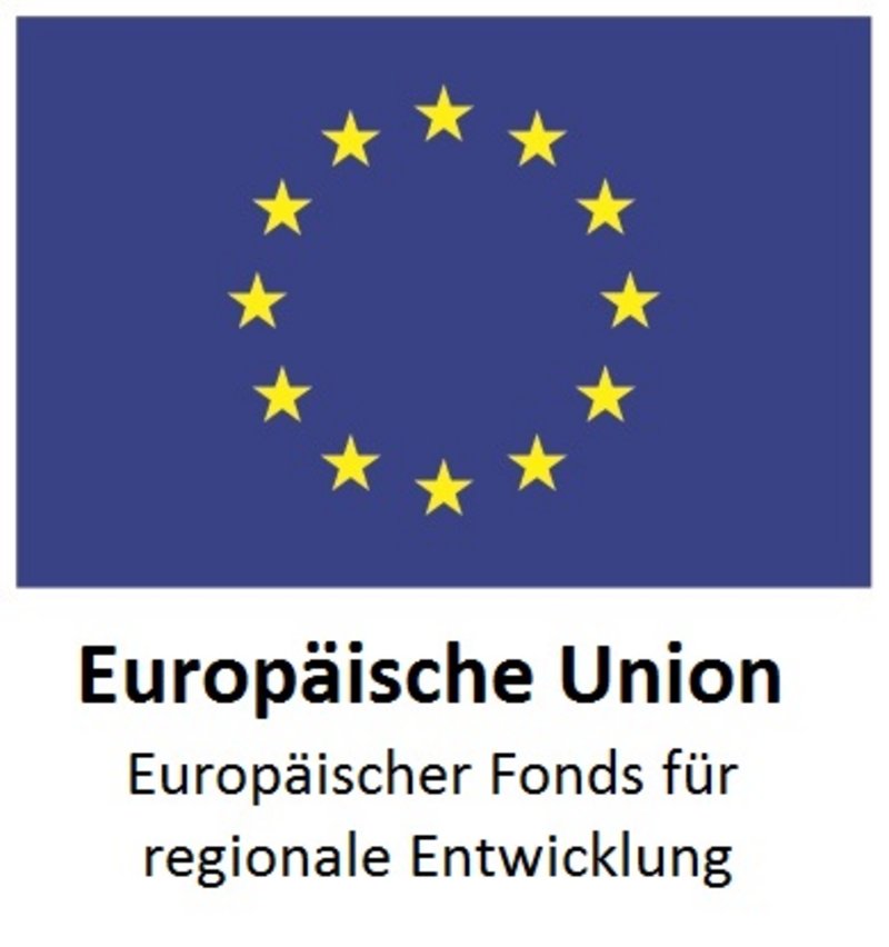 Der Fördergeber EU-Flagge und Schriftzug mit Förderhinweis Europäischer Fonds für regionale Entwicklung